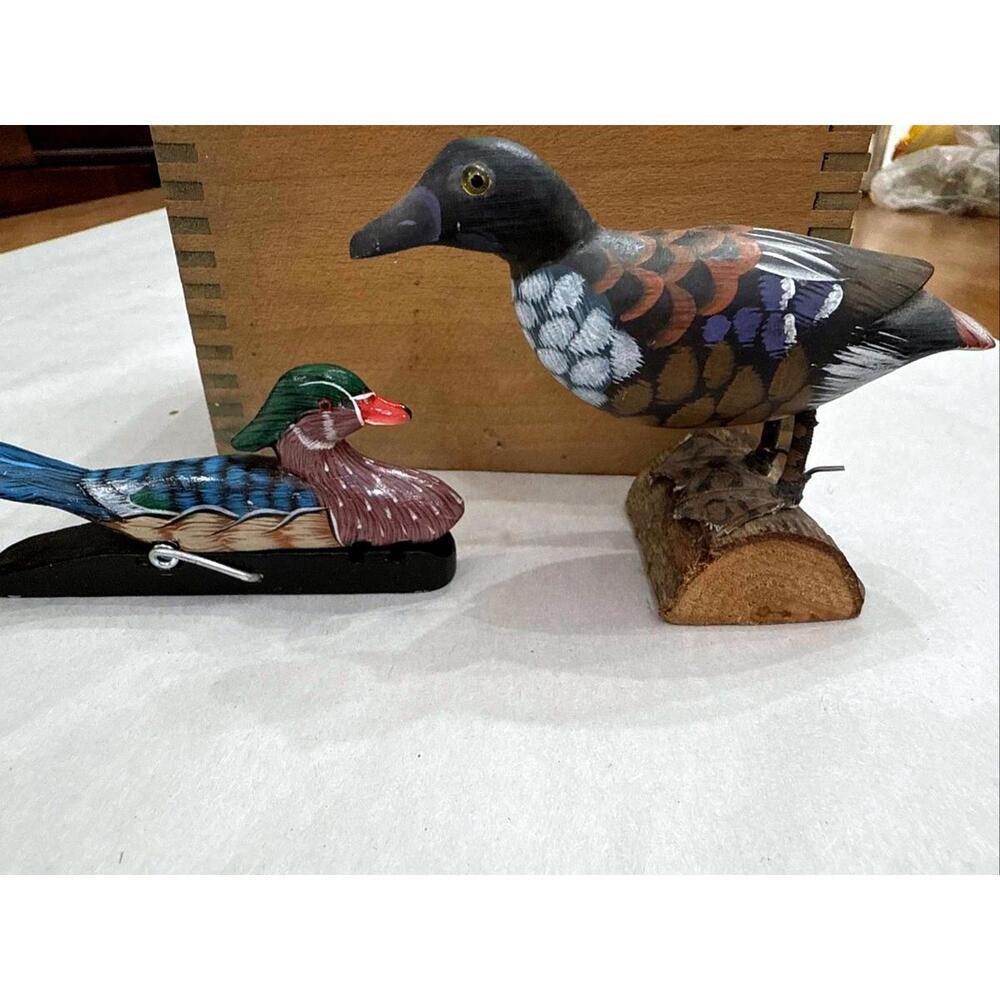 VTG Lot 2 Mini Wood Loon Duck Bird Figure 4” Hand Made & Paperclip Cabin Hunt